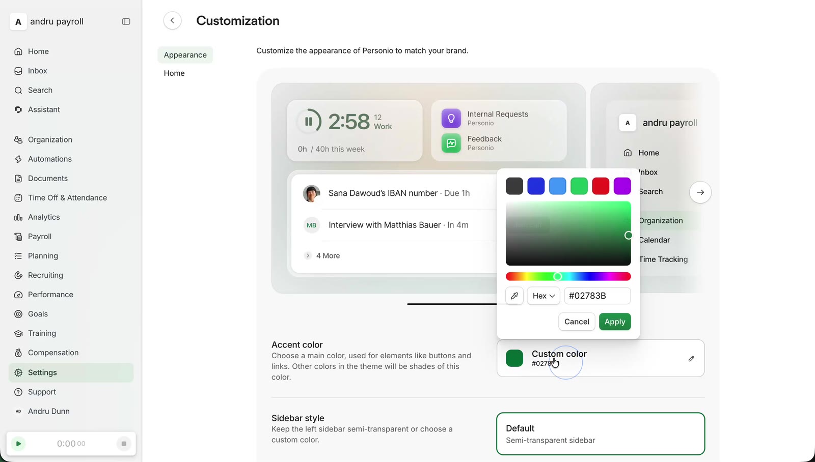 The shipped theming experience across Personio