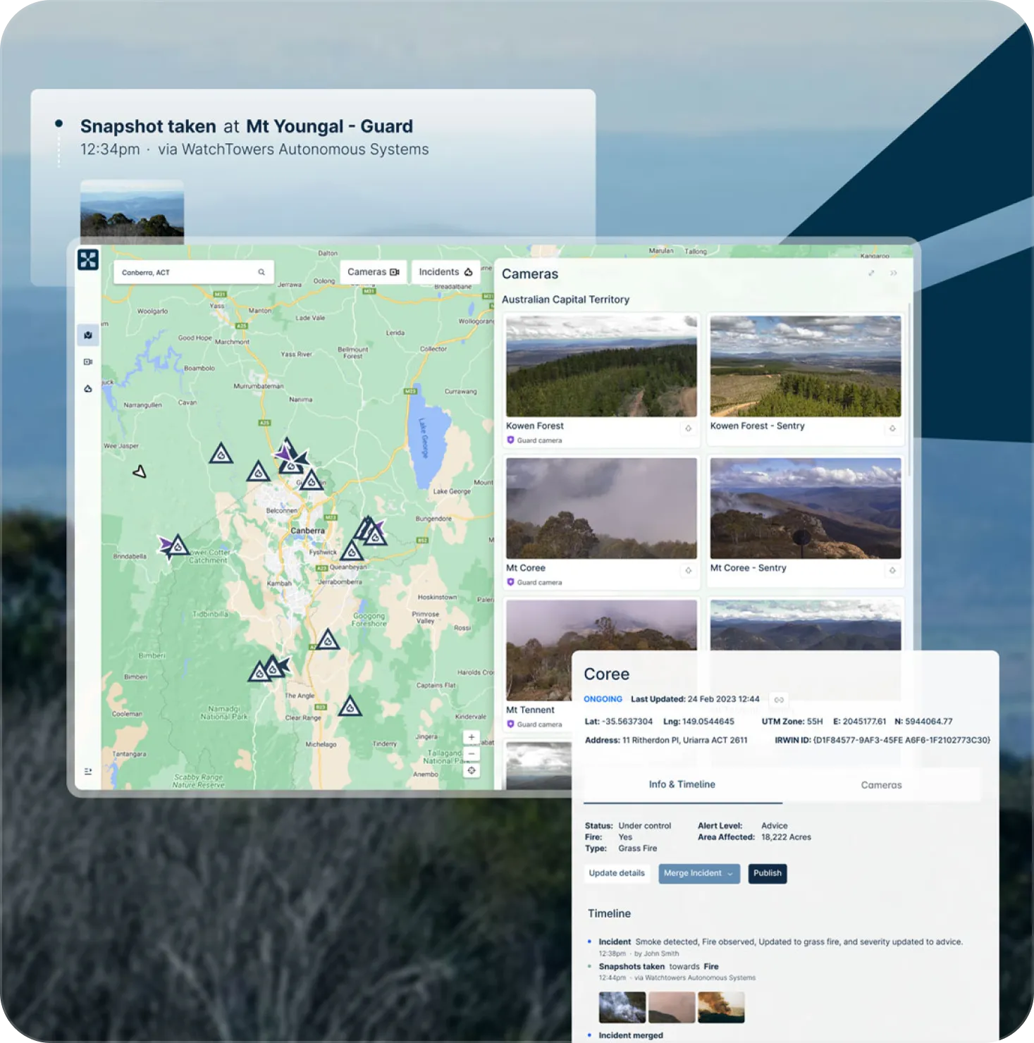 Command map with the camera grid and an incident timeline